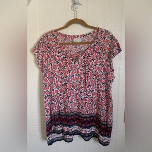 Liz Claiborne Women’s Coral/Navy Floral Tie-Collar  Short Sleeve Top Size XL